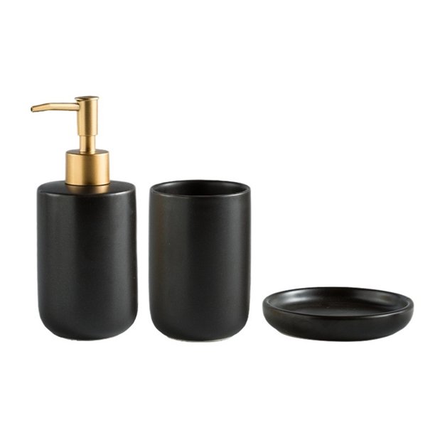 Juego de 3 accesorios de baño de cerámica. Incluye dispensador de jabón, taza for enjuague bucal y jabonera.
