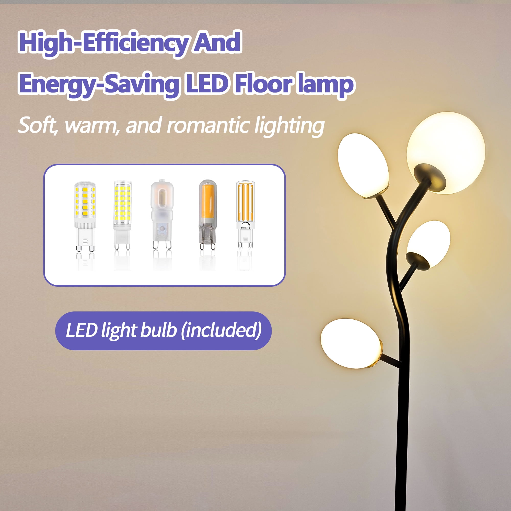 GCGAFUL 4-Light Glass Floor Lamp for Living Room, Modern Black Tree-Style Standing Lamp with Weighted Base, 3000K Warm Soft Light for Bedroom Office