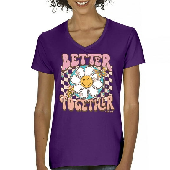 Better Together Women's V-Neck T-shirt Vintage Retro Boho Style 70s Floral Vibe Hippie Peace Love Friendship Bohemian Tee