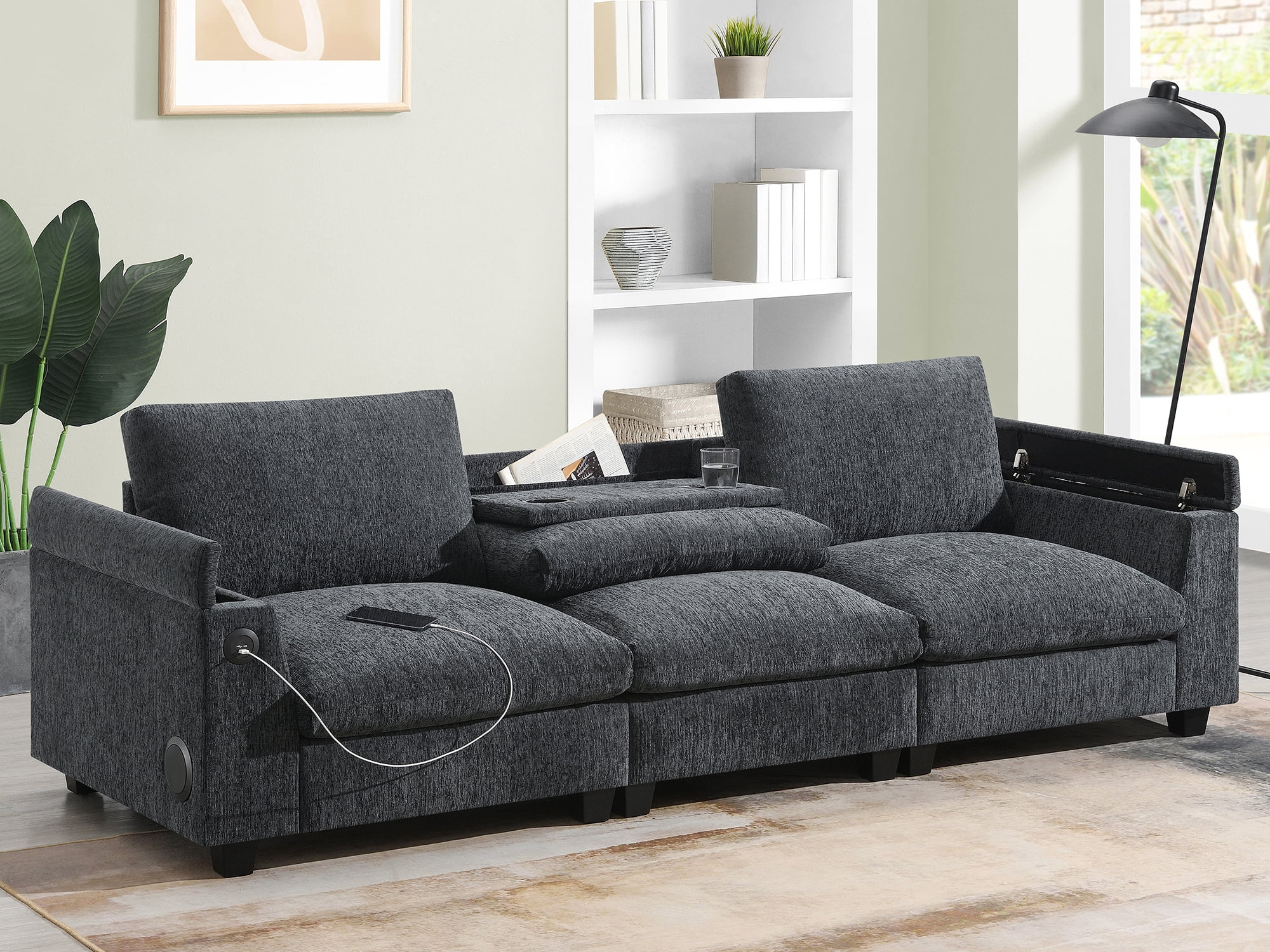 MAYEERTY 96x35" Chenille Sectional Sofa - Bluetooth Speaker, Drop Down Table/Cup Holders/USB/Storage, Wide Seat for Living Room/Apartment/Office, 3 Colors