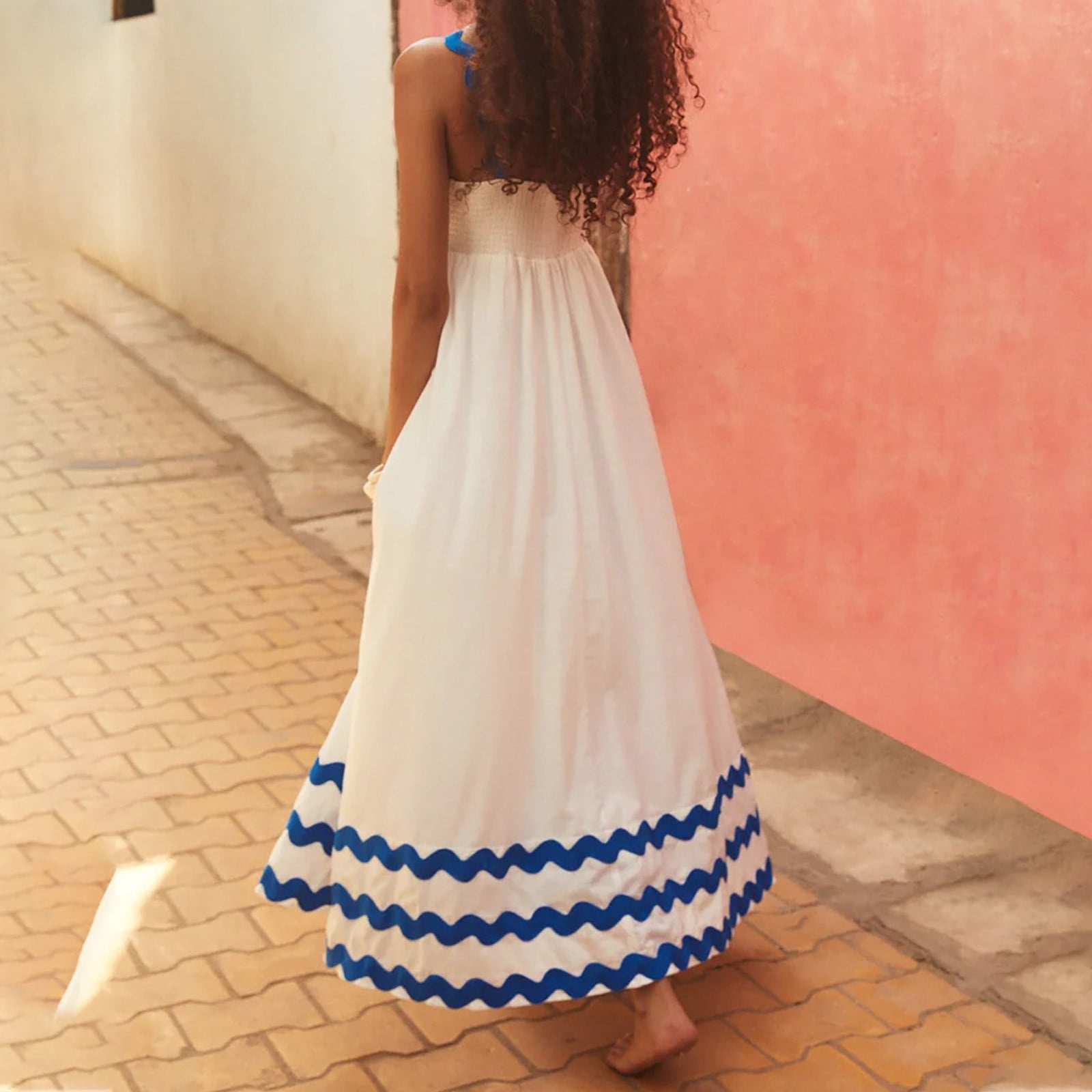 Fanxing Women Summer Dresses 2025 Spaghetti Straps Sleeveless Smocked Rickrack Trim Boho Flowy Loose A-Line Midi Dress White,XL Feamale