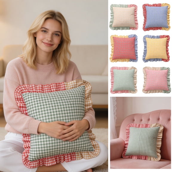 Plaid Ruffled Heart Throw Pillow, Three-color Patchwork Cushion, Soft Plush Decorative Pillow for Sofa Couch Bedroom Living Room Home Interior, Red