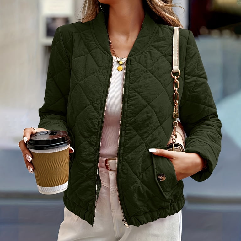Ryrjj Women's Quilted Bomber Jacket Fall Winter Fashion Warm Casual Lightweight Jakcets Zip Up Outerwear Coat with Pockets(Army Green,XL), Multicolor