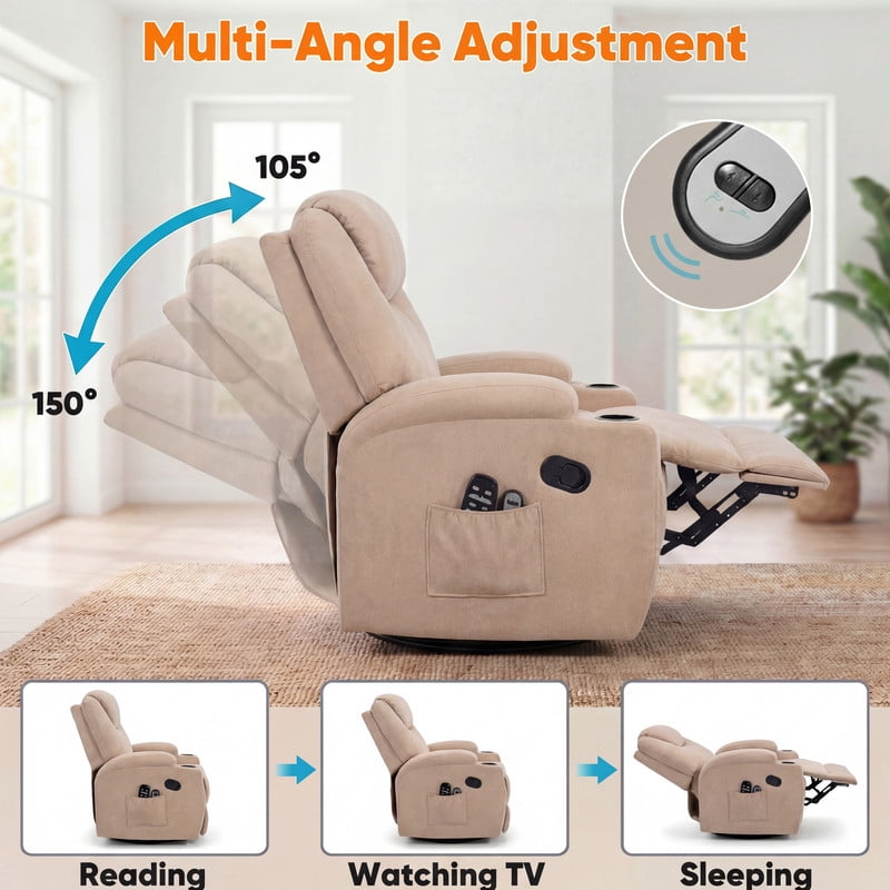 Vineego Massage Swivel Rocker Recliner with PU Leather Fabric Small Spaces Lounge Chair with Two Cup Holder for Bed Room,Linen Beige