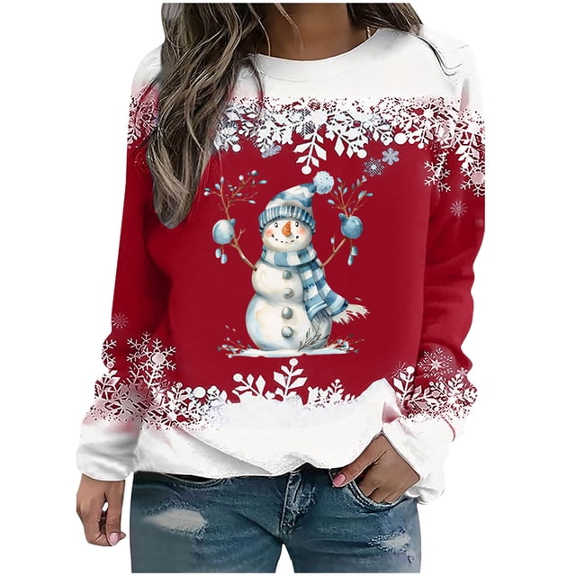 Rbaofujie Sweat à Capuche pour Enfants Noël Mode Décontractée Imprimé Col Rond Ample Manches Longues Blouse Chandails en Molleton Rouge Col Rond Pull pour Femmes