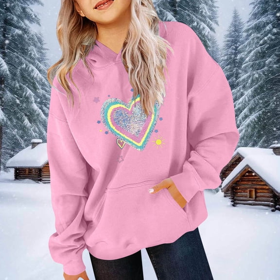 SGFCWSX Girls Oversized Heart Print Hoodie, Kids Trendy with Pocket Pullover Soft Sweatshirt for Daily Casual Wear Pink Size 9-10 Years