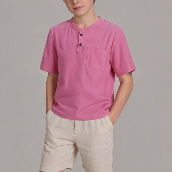 ITSAME Boys T-Shirts, with Pocket Short Sleeve Loose Fit Summer Casual Stylish Button Down Tees Hot Pink 13-14T