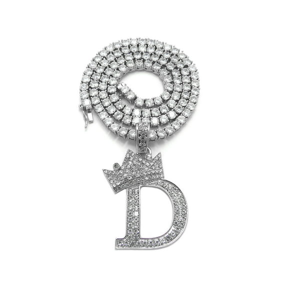 iJewelry2 Kings and Queens Crowned Initial Letter D Pendant Silver-tone CZ Tennis Chain Necklace 18''