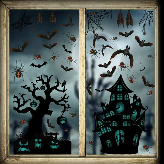 RAPHARY Choice Halloween Window Clings, Halloween Bat Window Stickers Castle Pumpkin Cobweb Decals Double-Side Halloween Bat Window Clings for Windows Walls Decoration