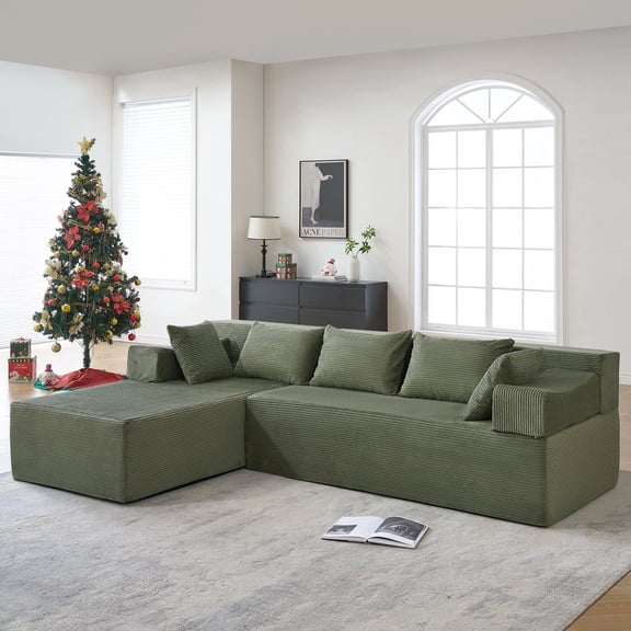 Behost 105" Modular Sectional Sofa Couch with Pillows, Deep Seat L Shaped Sofa for Living Room, Corduroy Green