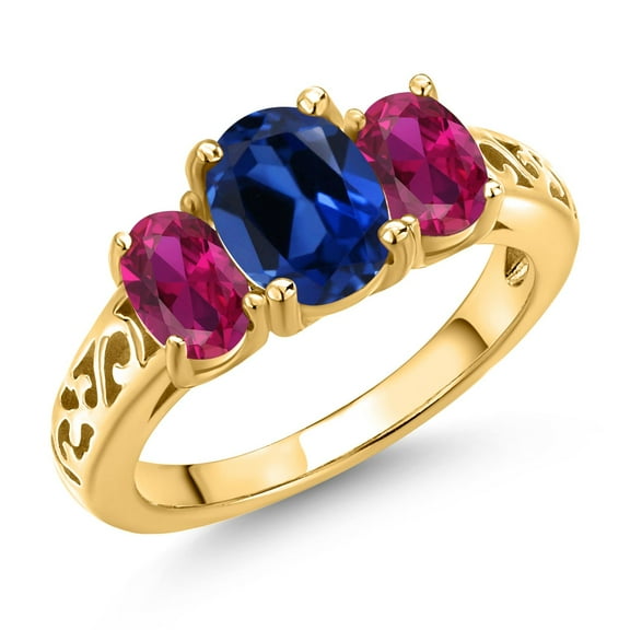 Gem Stone King 18K Yellow Gold Plated Silver Blue Created Sapphire and Red Created Ruby Filigree Style 3 Stone Ring for Women (2.60 Cttw, Oval 8X6MM and 6X4MM) (Size 8)