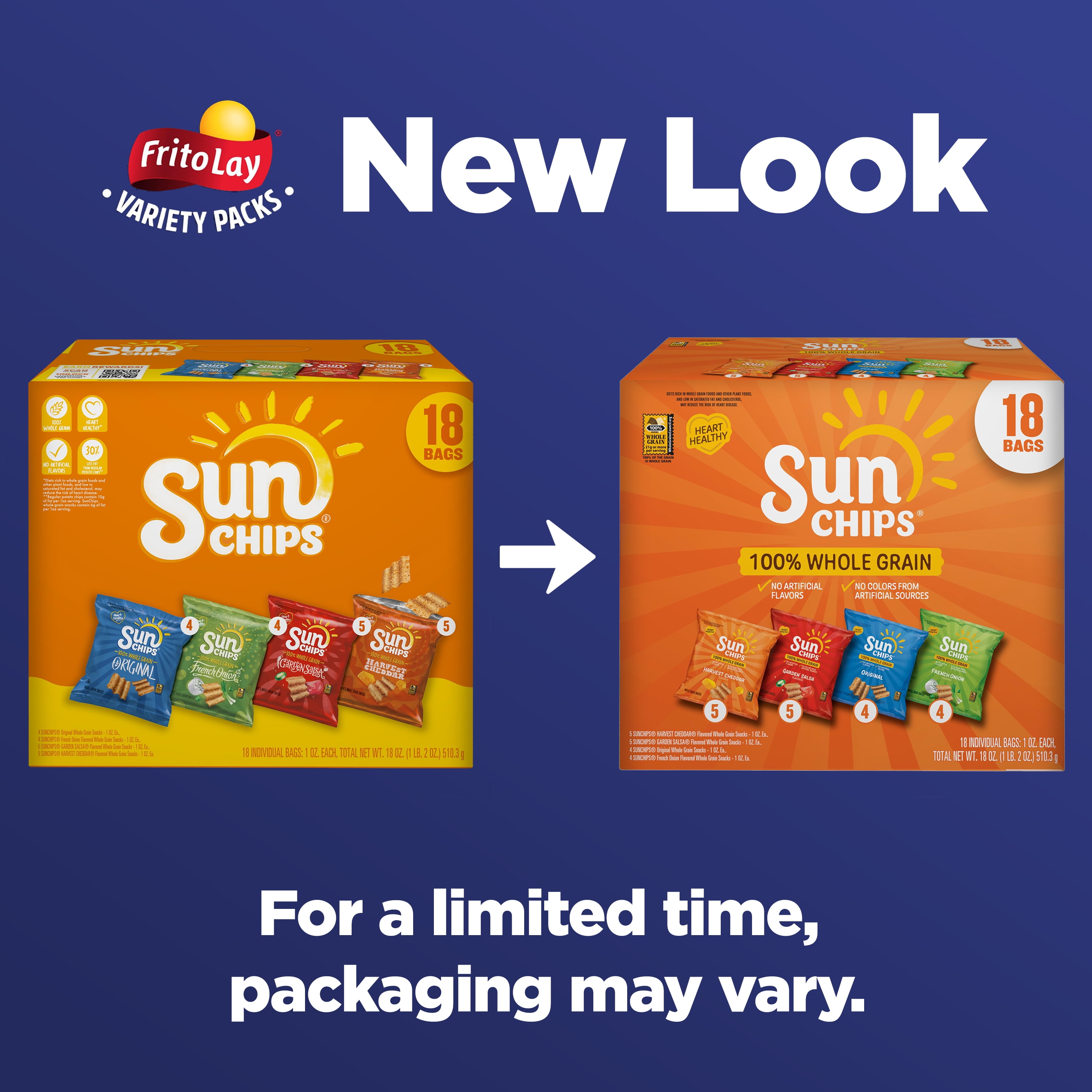 (4 pack) SunChips 100% Whole Grain Snacks, 4 Flavor Variety Pack, 1 oz, 18 Count