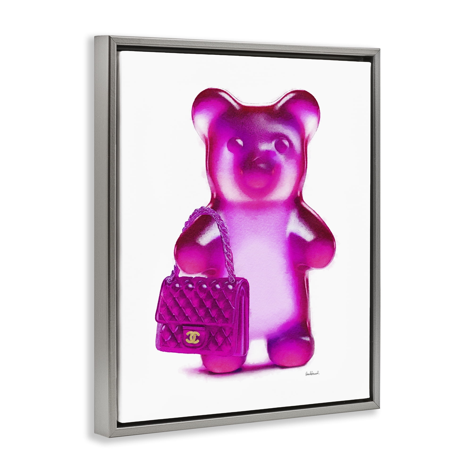 Stupell Industries Pink Bear & Purse Fashion Painting Gray Floater Framed Canvas Art Print Wall Art, 25 x 31