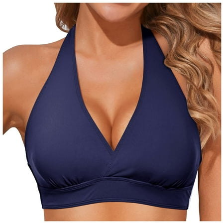 Hessimy Women Halter Bikini Top Padded Swimsuit Top V Neck Bathing Suit Tops Only(Blue L)