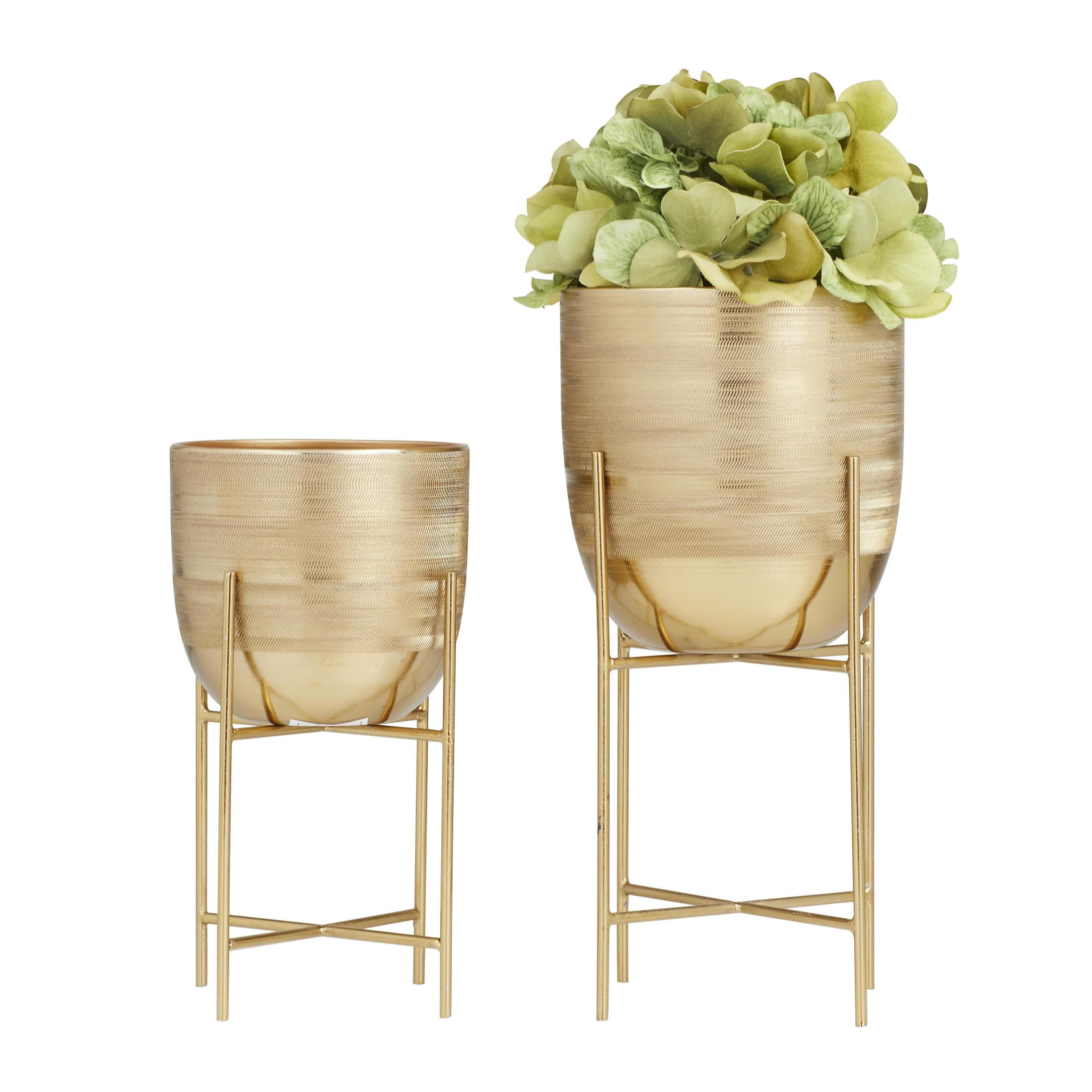 DecMode 6", 5"W Small Brushed Dome Gold Metal Planter with Removable Stand (2 Count)