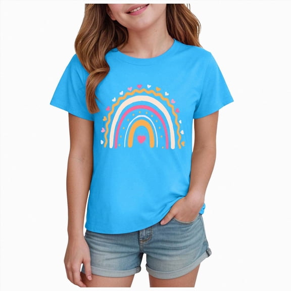 Sgkm Graphic Shirts for Teens Cute Rainbow Print Toddler Shirts Girls Plus Size Workout Clothes Sky Blue 11-12 Years