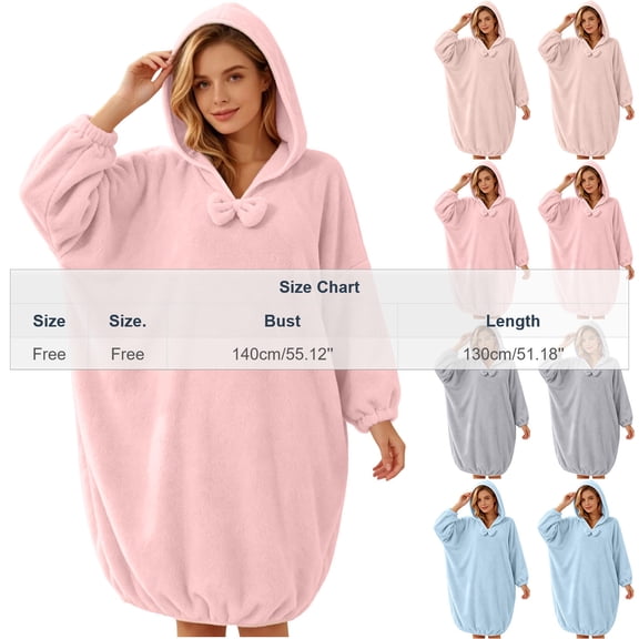 Kaemgyyd Womens Hooded Fleece Robe Knee Length Pullover Plush Bathrobe Cute Bow Front Baggy Loungewear（Pink,One Size）