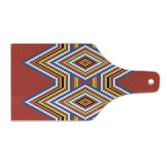 Tribal Cutting Board, Traditional Style Mosaic Pattern Image, Decorative Tempered Glass Cutting and Serving Board, Wine Bottle Shape, Multicolor, by Ambesonne