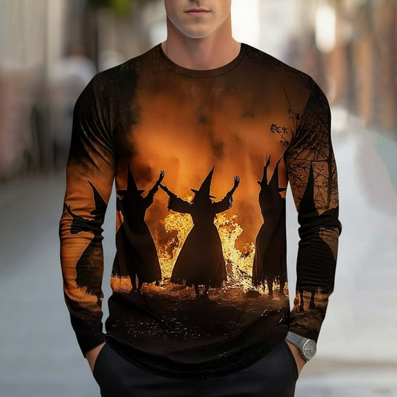 YOIAVAIOY Men's Halloween T shirts Spooky Season Ghost Print Shirts Long Sleeve Teen Boys Tee Shirt Fall Tops Festival Casual Tees Orange L