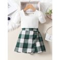 thumbnail image 2 of Honganda Girls Summer Set, Short Sleeve Ribbed Tops + Plaid Skirt Shorts Toddler 2 Piece Outfits, 2 of 9