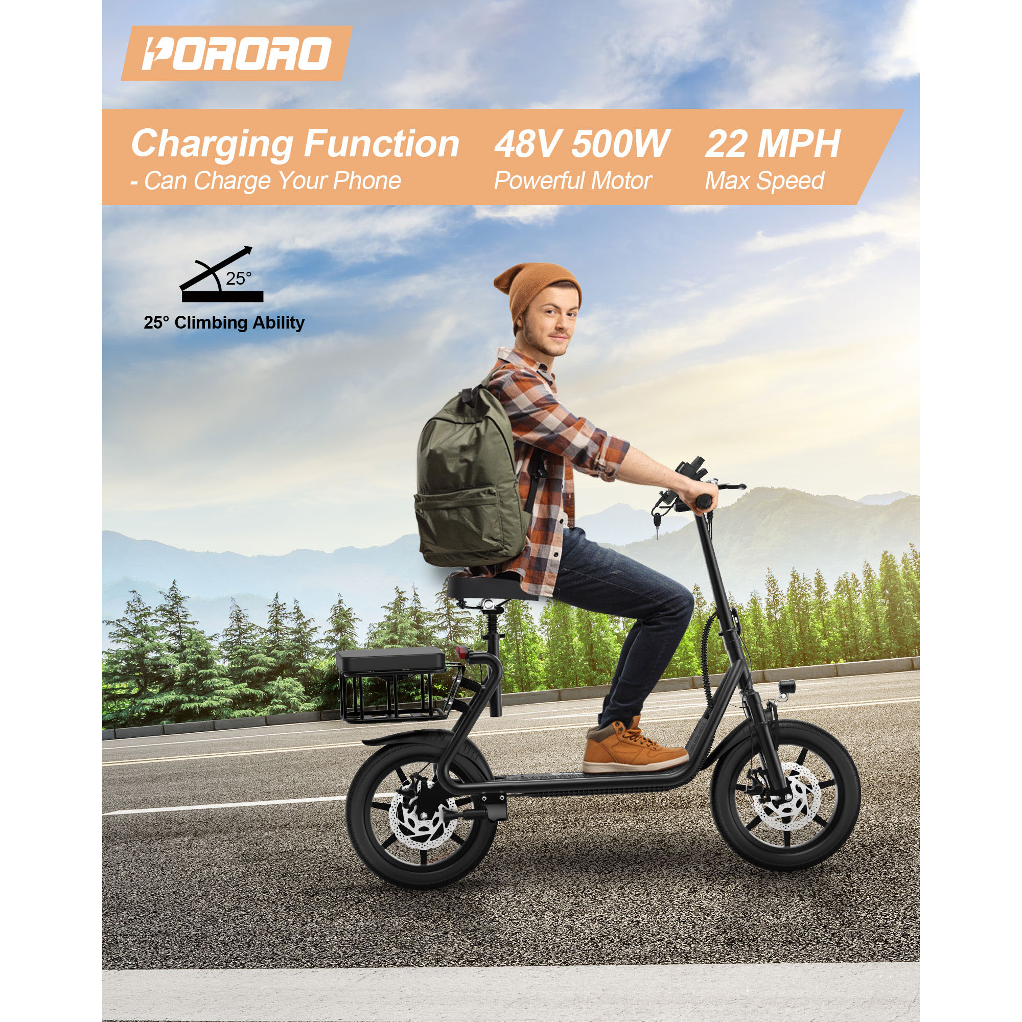 PORORO SLW50 Electric Scooter with Seat for Adults, Max 25 Miles Range with 14" Tires, 500W, 22MPH, Black