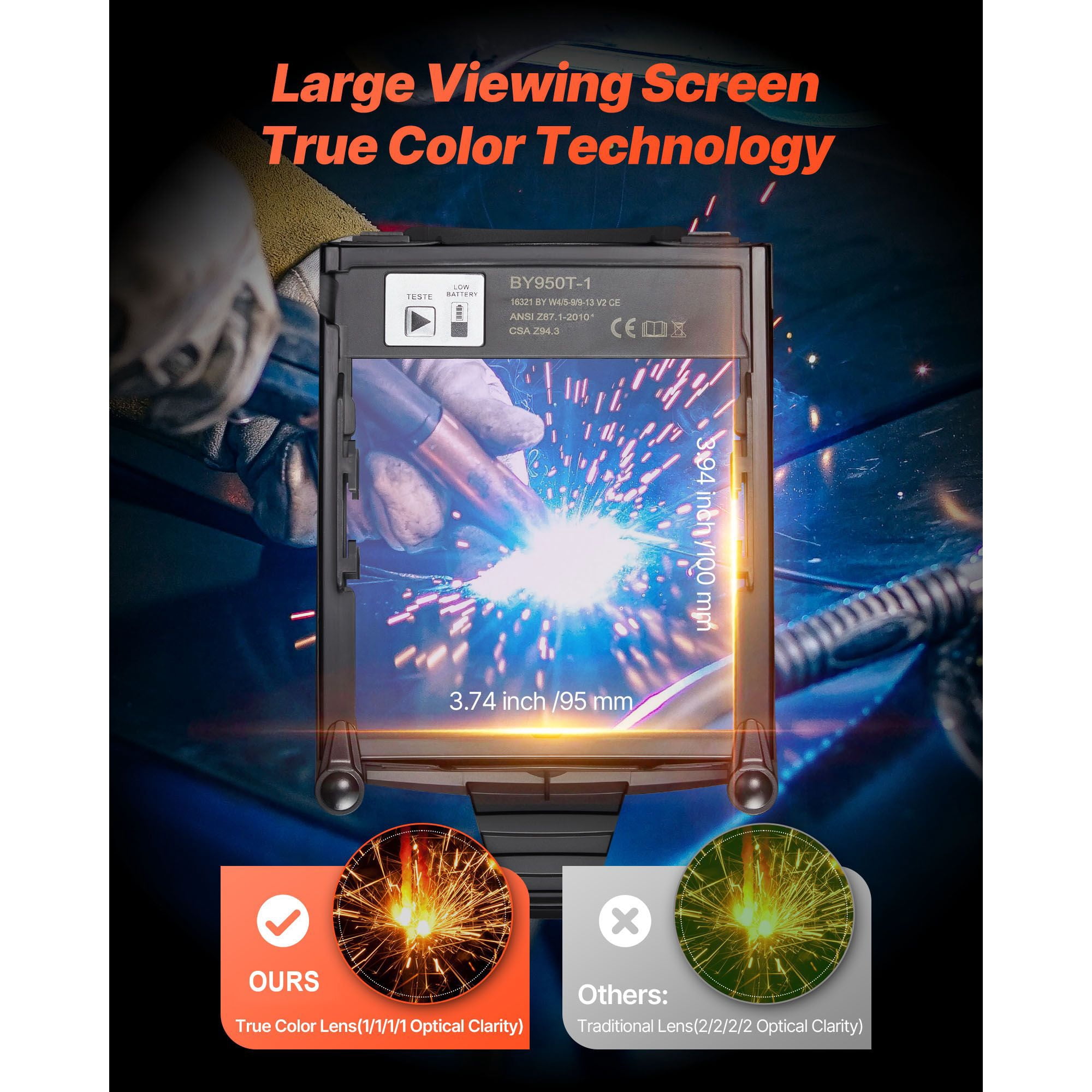Auto Darkening Welding Helmet, 3.94x3.74 Inch Large True Color Screen, 4 Arc Sensors, 1/20000s Response, DIN 4/5-9/9-13 Adjustable, Solar Powered
