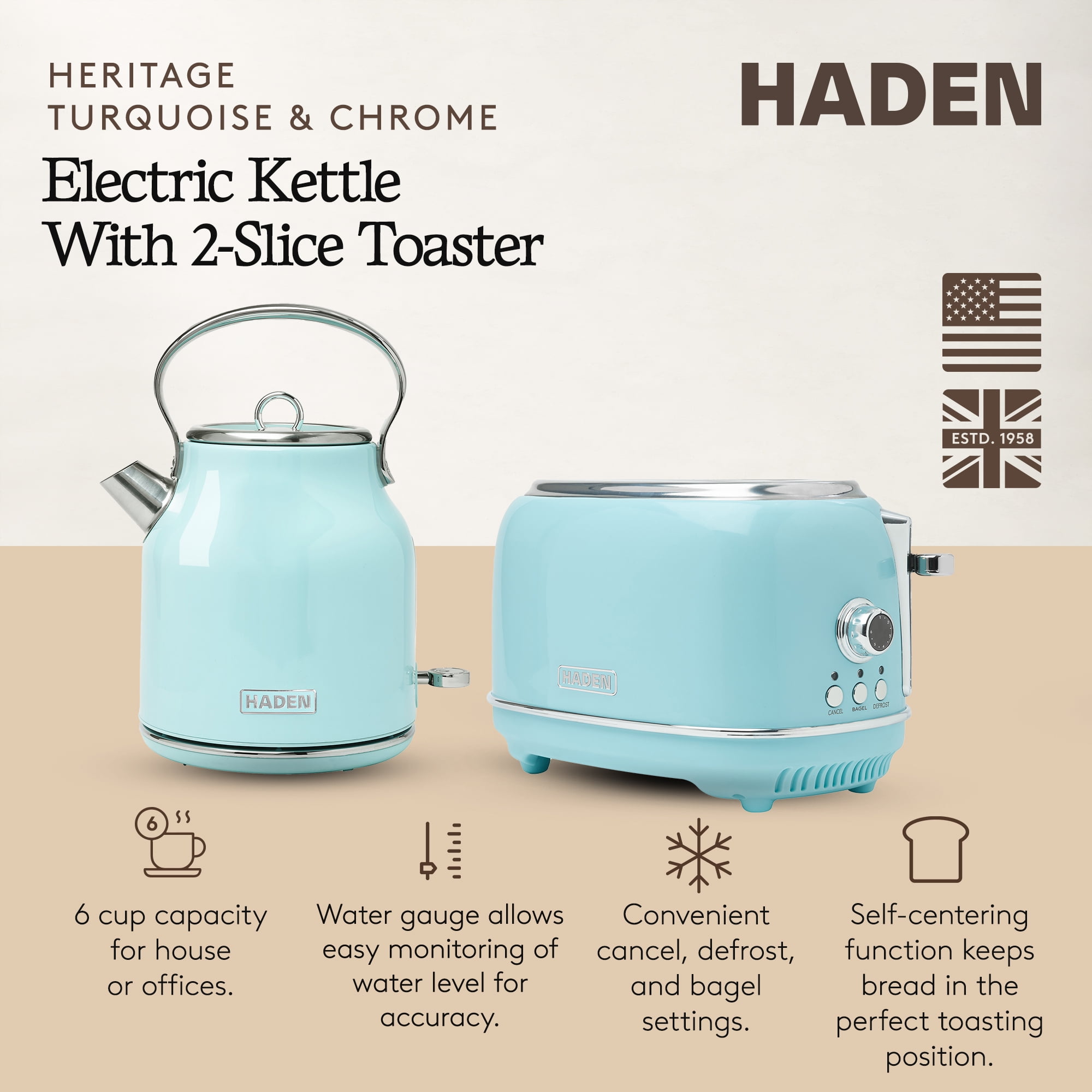 Haden Heritage 1.7 Liter Stainless Steel Kettle with Toaster, Turquoise