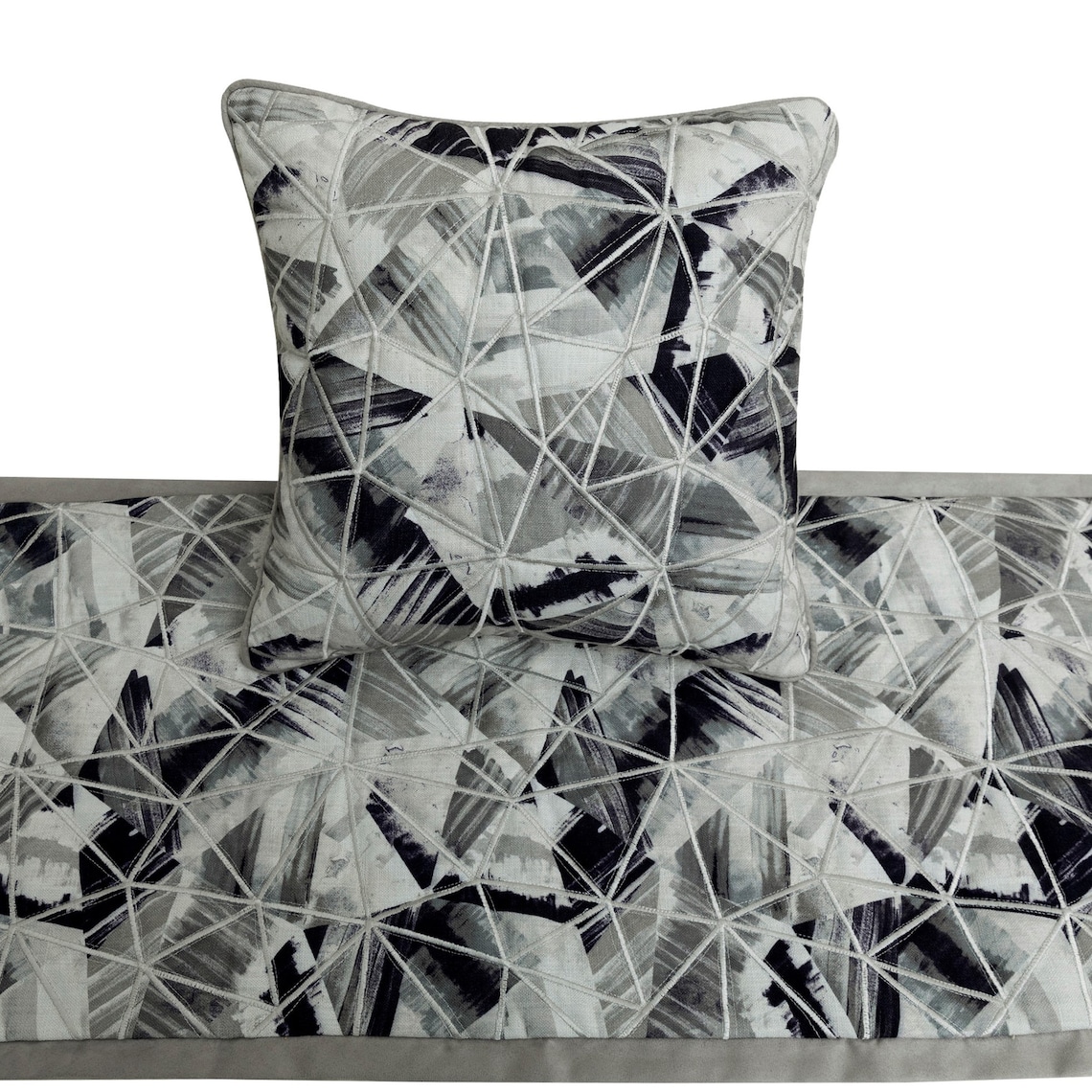 King / Queen / Twin Grey Decorative Queen 74"x18" Bed Runner WITH Pillow Cover, Print & Embroidery Bed Scarf on Cotton fabric - Grey Angular