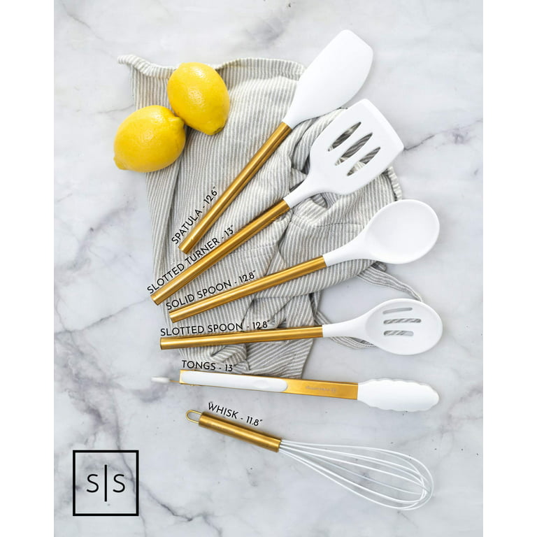 Styled Settings White & Gold Nylon Cooking Utensils with Holder