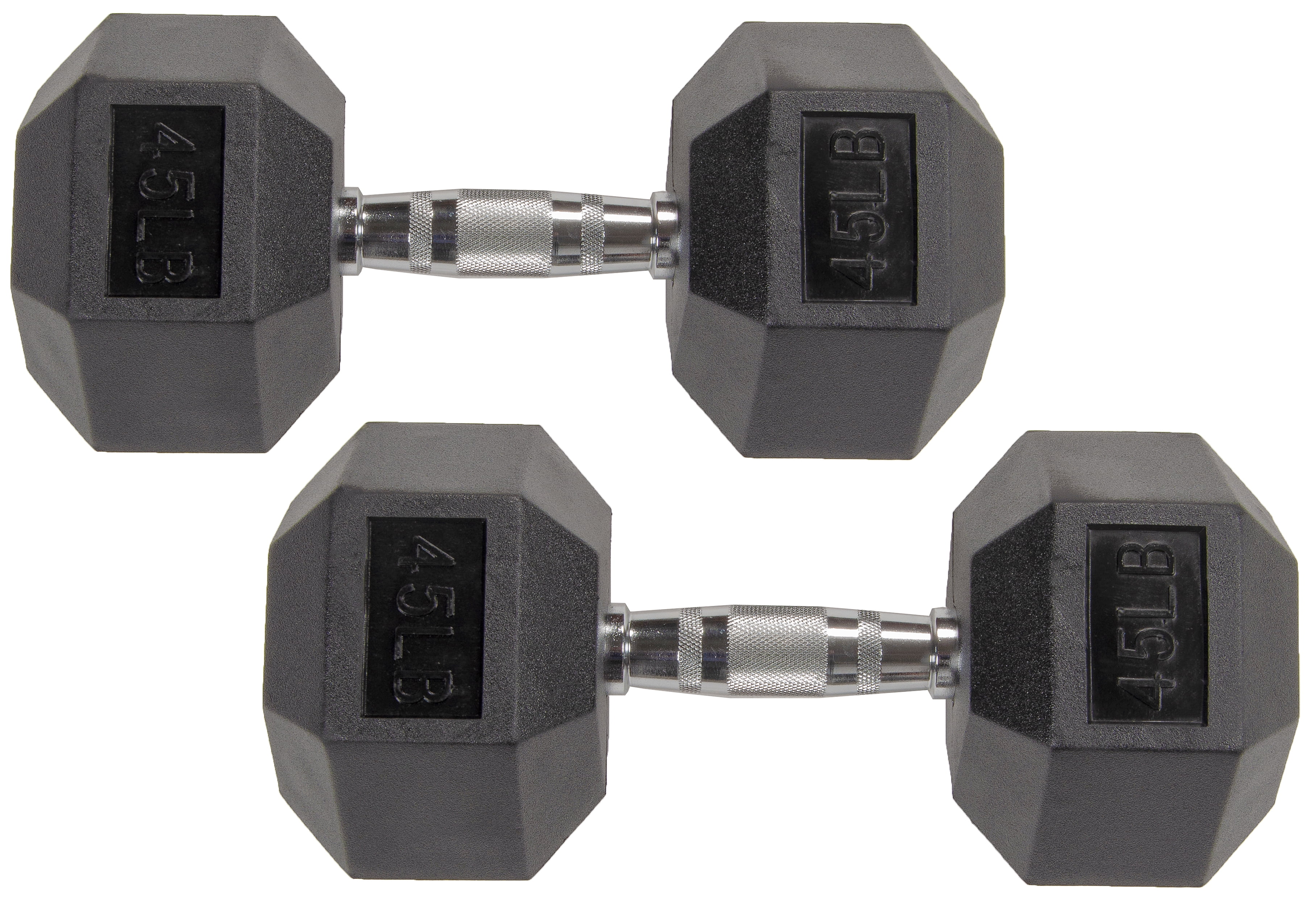 Pair 45 lb Black Rubber Coated Hex Dumbbells Weight Training Set 90 lb Fitness 