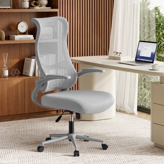 Pinmoco Ergonomic Mesh Back Office Chair with Flip-Up Arms, Adjustable Height and Tilt Function, Rolling Home Office Desk Chair, Grey