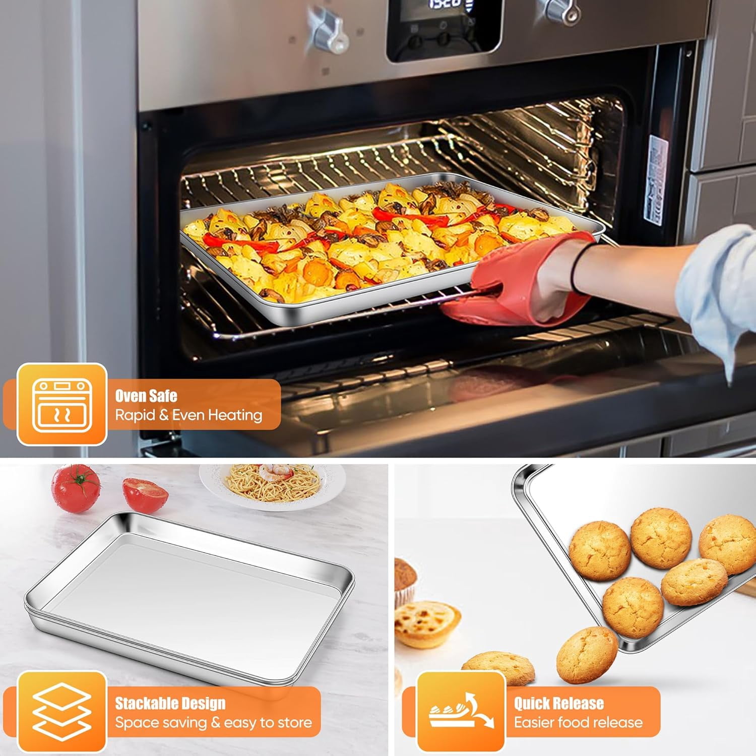 Homikit 2 Pack Baking Sheet, 9 x 13 Inches Stainless Steel Quarter Sheet Pan Set for Cooking Toasting, Metal Cookie Tray Fits Toaster Oven, Non Stick & Rust Free, Dishwasher Safe