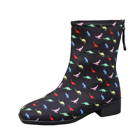 Bmisegm Wide Boots for Women plus Size Ladies Fashion Retro Children's Fun Dinosaur Print Back Zipper Thick Heel Short Boots Boots for Women Black 9