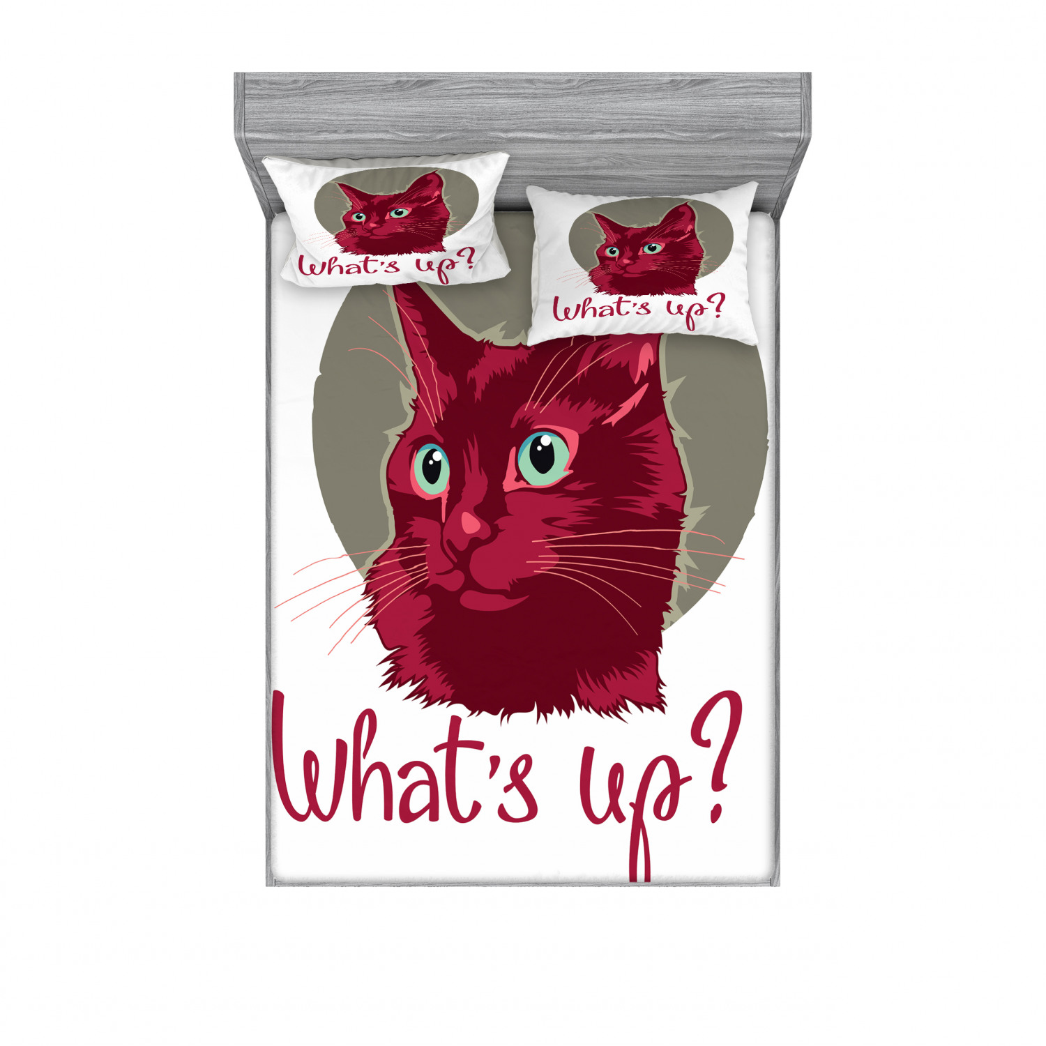 Cat Bedding Set with Sheet & Covers, Colorful Modern Artwork Young Pet Portrait Asking Whats up