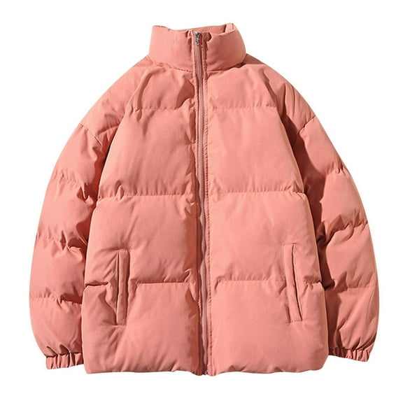 Herrnalise Men Casual Solid Stand Collar Zipper Windproof Keep Warm Long Sleeve Jacket Coats Hot Pink