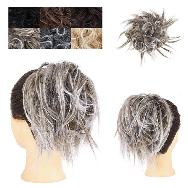 Chignons Postiche Extensions de Cheveux Synthétiques Chouchous Chignon Postiche pour Femmes Filles (Cendré Moyen Brun Pointe Blanche -#81A, Chignon Décoiffé)