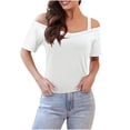 thumbnail image 2 of Puntoco Liquidación de blusas cortas para mujer Blusa informal de moda con hombros descubiertos y manga corta de color liso para mujer, 2 of 5