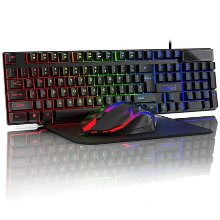 Gaming Keyboard and Mouse Combo, LED RGB Backlit Wired Keyboards 104 Keys Mechanical Feel Anti-ghosting & 7 Colors Gaming Mouse W/ Mouse Pad, for Windows/XP/Vista PC Laptop Computer Gamer