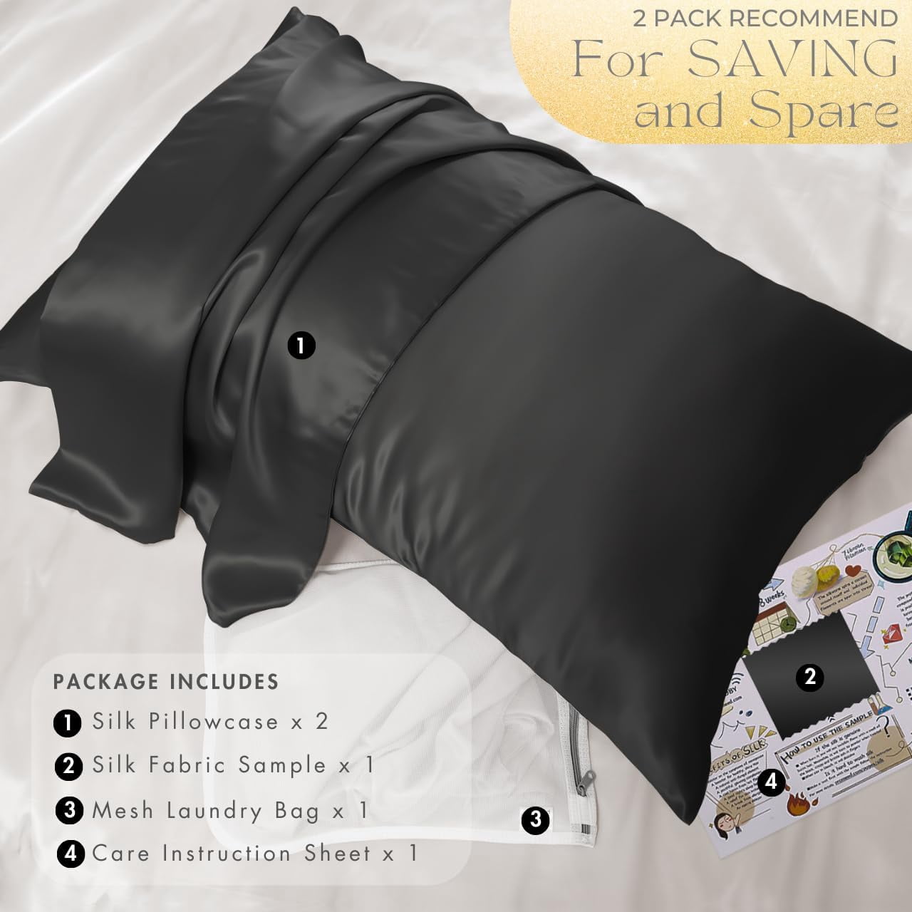 PROMEED 23 Momme Silk Pillowcase 2 Pack with Zipper, 3rd Gen Grade 6A+ 100% Mulberry Silk Pillow Case Set of 2, Cooling Pillow Cases for Hot Sleepers (Standard 20"x26", Black)