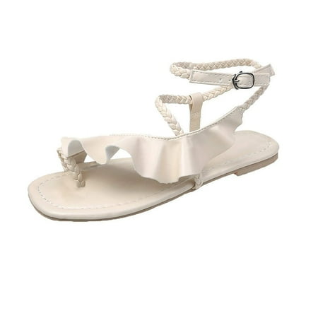 

Inkach Women Summer Shoes Solid Color Ruffle Low Heel Buckle Open Toe Sandals