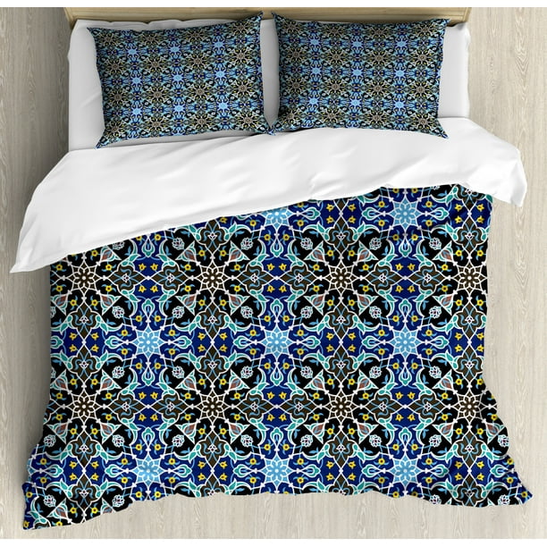 Moroccan Duvet Cover Set, Bohemian Eastern Arabic Pattern with Interlacing Lines Historical