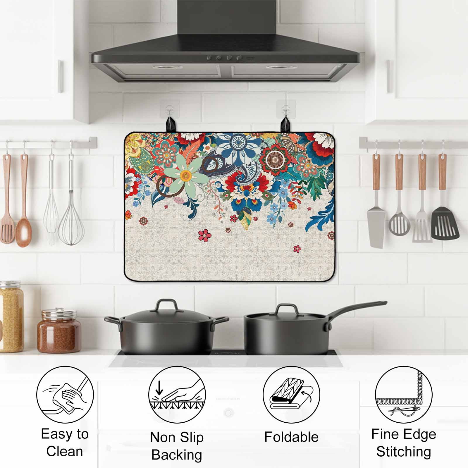 Boho Flowers Stove Top Cover for Electric Stove, Heat-proof & Non Slip Glass Top Stove Cover Protector, Abstract Ethnic Vintage Bohemian Floral Kitchen Flat Cooktop Rubber Mat 24x21 Inches