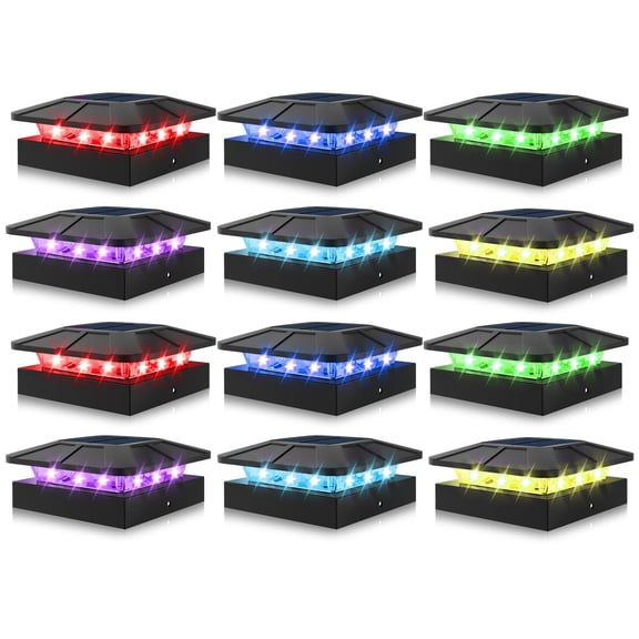 12 Pack 4x4 Solar Post Cap Lights RGB Color Changing, Waterproof LED Fence Light for Deck Yard Patio Garden Black, Outdoor Solar Deck Lights Waterproof