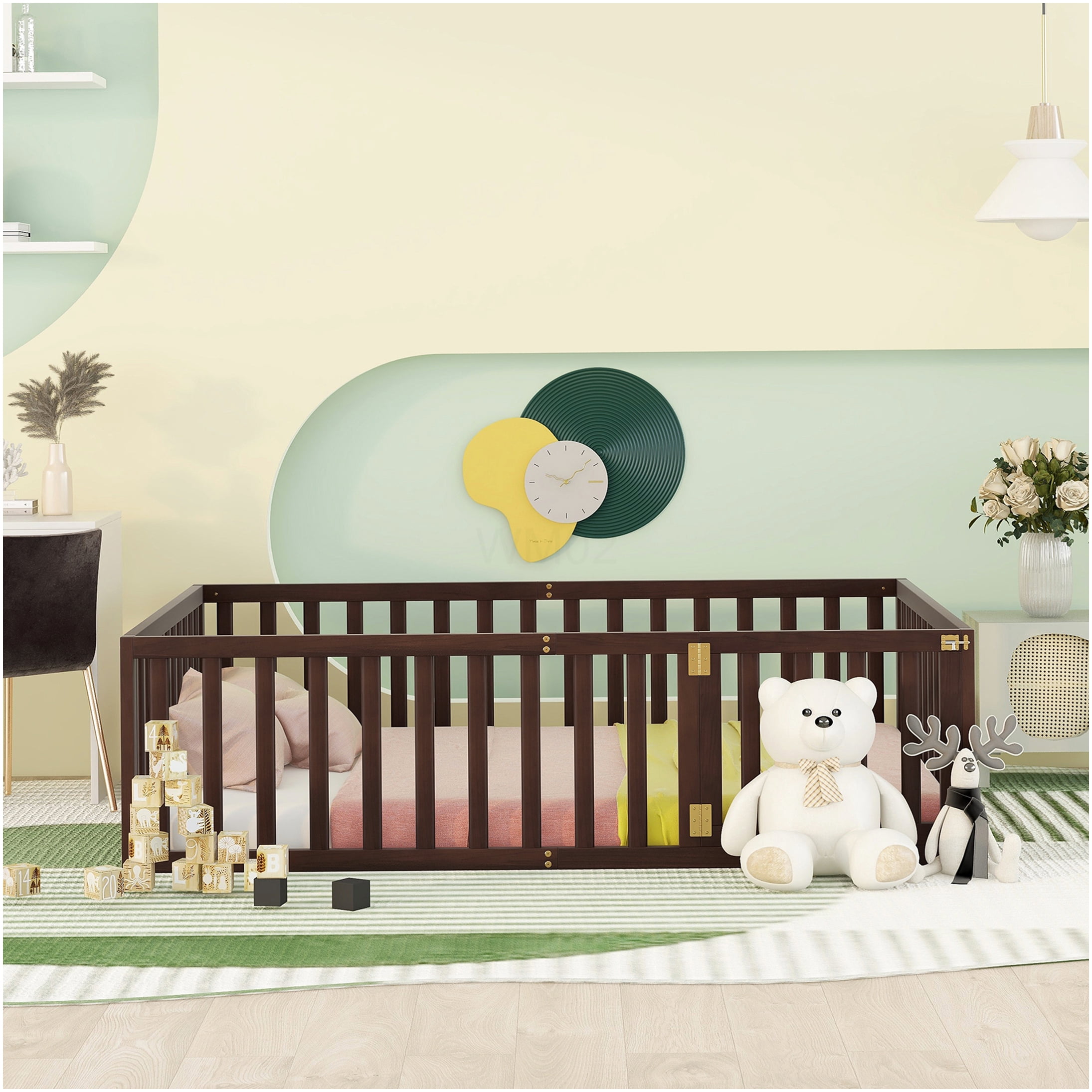 Full Size Floor Bed Frame with Safety Gate, Low Profile Platform Bed with Fence, Solid Pine Wood, Walnut Finish