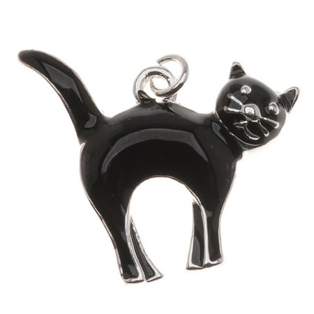 Silver Plated With Enamel Halloween Black Cat Charm Facing Right (1)