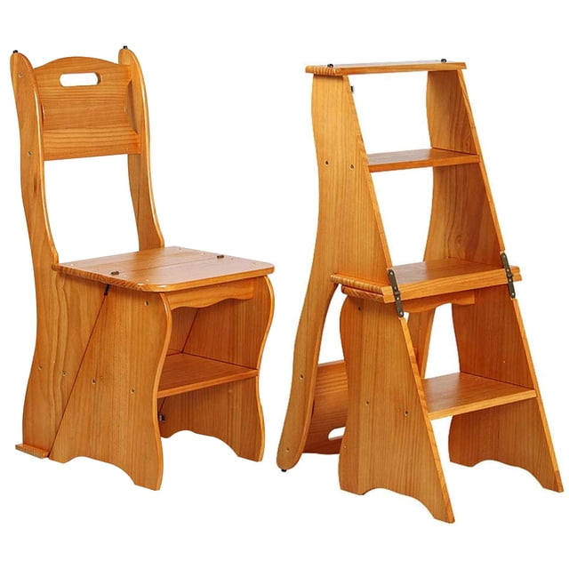 Wooden Folding Library Ladder Chair,2 in 1 Lightweight Portable Multifunctional Step Stool, 4-Step Stool Dual Purpose Stepladders, Display Stand and