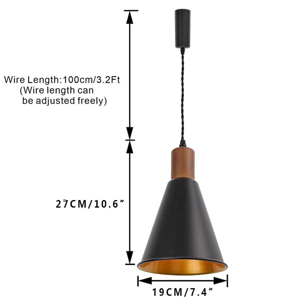 KAYYELAMP  Vintage Design Track Lighting Fixture Walnut E26 Base Outer Black Inner Gold Metal Cone Shade 3.2Ft Adjusted Cord H-Type Track Lamp for Kitchen Bar(No Bulb, Track)