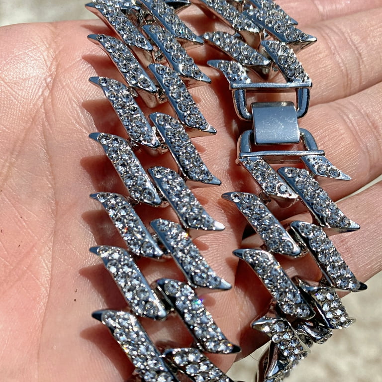 Men s Spike Chain Iced Hip Hop Necklace Silver Tone Spiked 30