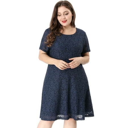 Women's Plus Size A Line Cut Out Back Short Sleeve Lace Dress Blue