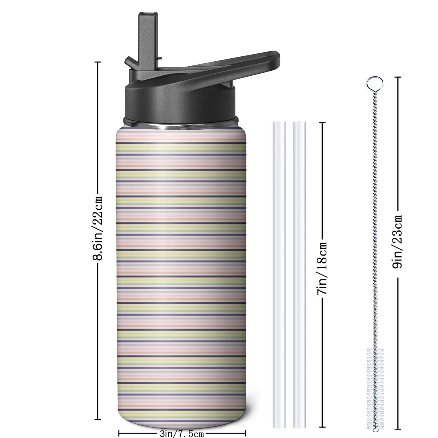 Modern 18 oz Insulated Stainless Steel Water Bottle with Straw & Cleaning Brush , Leakproof, BPA-Free, 304 Stainless Steel, Wide Mouth, Travel Mug for Car, Gym, Office